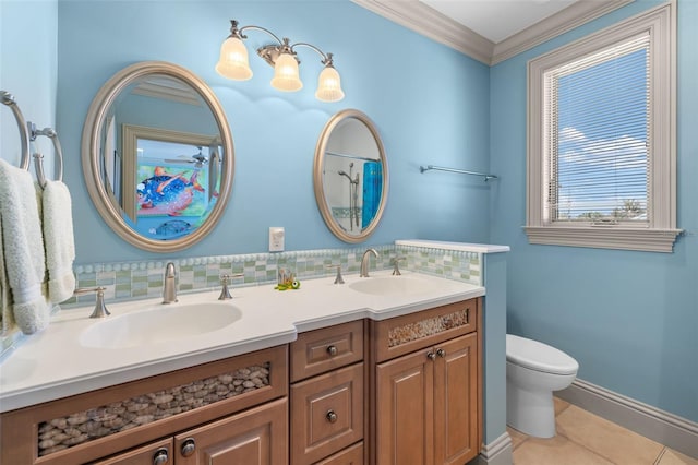 full bathroom featuring toilet, ornamental molding, decorative backsplash, and a sink