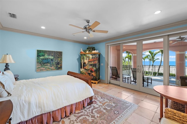 bedroom with crown molding, french doors, visible vents, and access to exterior