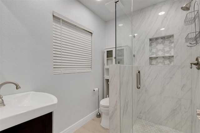 bathroom featuring an enclosed shower, vanity, and toilet