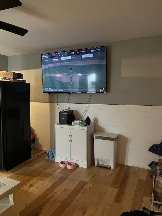 living room featuring ceiling fan and light hardwood / wood-style flooring