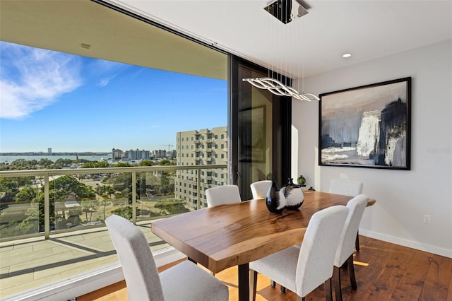 dining space with expansive windows and wood-type flooring