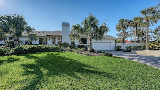 ranch-style house featuring a garage and a front yard