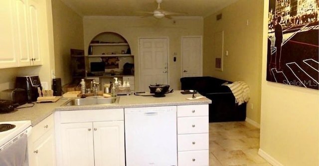 kitchen with white cabinetry, dishwasher, sink, and ceiling fan