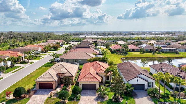 drone / aerial view featuring a water view