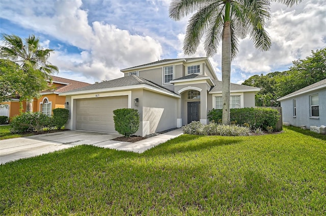 view of front of home with a garage and a front lawn