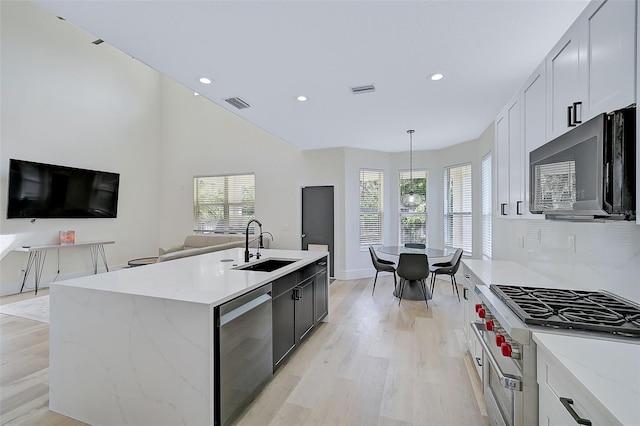 kitchen with appliances with stainless steel finishes, decorative light fixtures, sink, white cabinets, and a kitchen island with sink