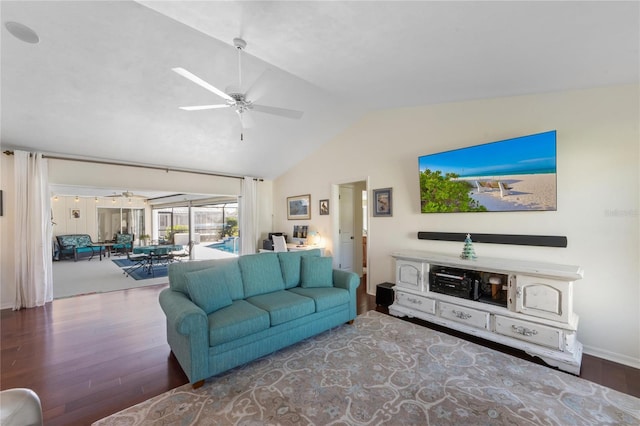 living room featuring wood-type flooring, lofted ceiling, and ceiling fan