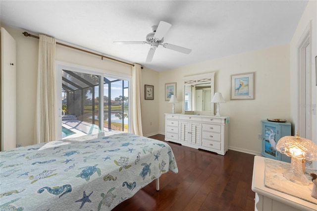 bedroom featuring access to exterior, dark hardwood / wood-style floors, and ceiling fan