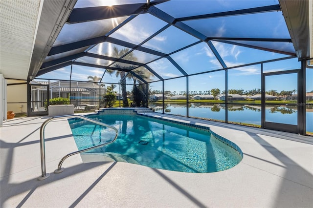 view of pool featuring a water view, a lanai, and a patio