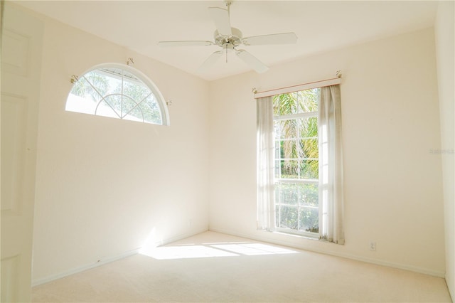 unfurnished room with plenty of natural light, light carpet, and ceiling fan