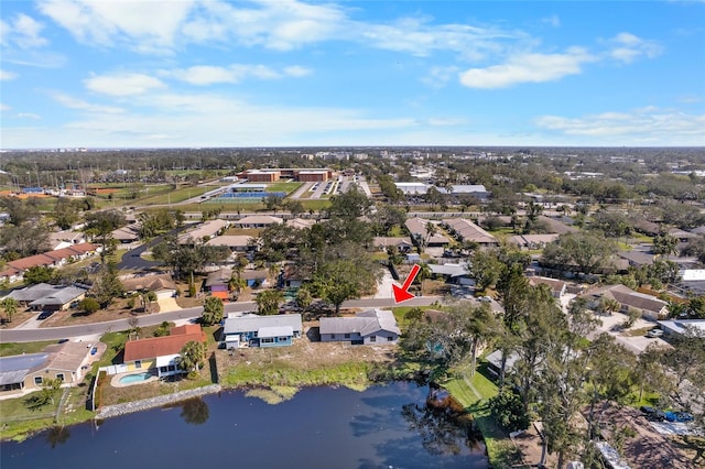 drone / aerial view featuring a water view