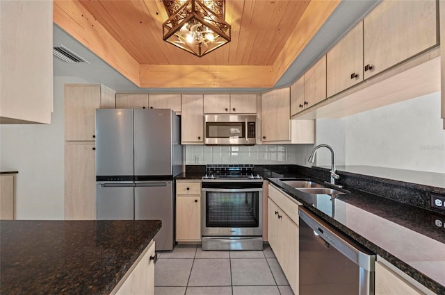 kitchen featuring sink, dark stone countertops, a tray ceiling, stainless steel appliances, and wooden ceiling