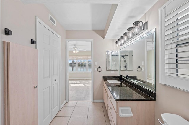 bathroom with vanity, tile patterned floors, and toilet