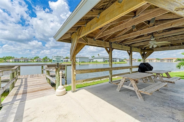 view of patio featuring ceiling fan and a water view