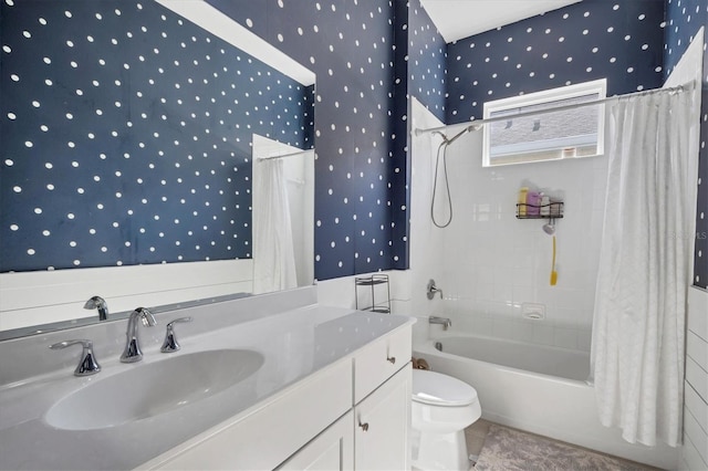 full bathroom with toilet, vanity, shower / bathtub combination with curtain, and tile patterned flooring