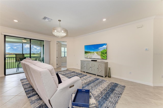 living room with ornamental molding, a chandelier, and light tile patterned flooring