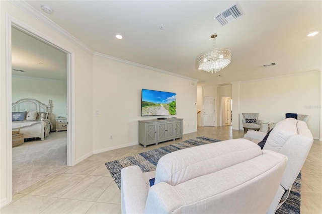 tiled living room with crown molding and a chandelier