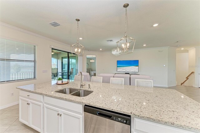 kitchen with white cabinetry, sink, stainless steel dishwasher, and ornamental molding