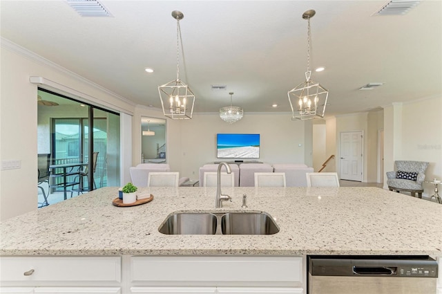 kitchen featuring white cabinetry, dishwasher, sink, and light stone counters