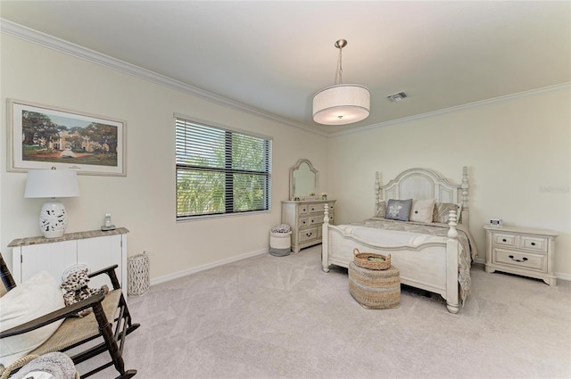 carpeted bedroom with crown molding