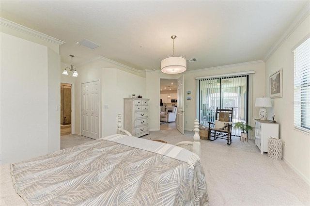 bedroom featuring light colored carpet and ornamental molding