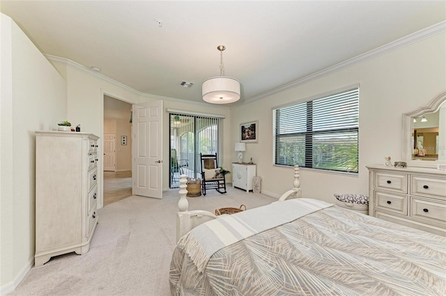 carpeted bedroom with ornamental molding