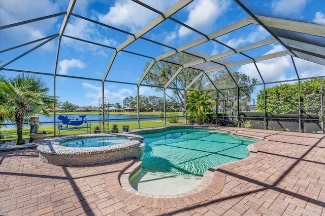 view of pool with glass enclosure, a patio area, and a pool with connected hot tub