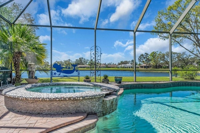 view of pool with glass enclosure, a water view, and a pool with connected hot tub