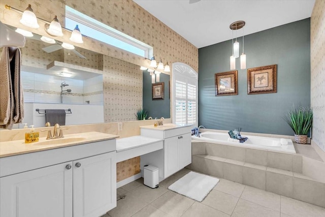 bathroom featuring wallpapered walls, tile patterned flooring, a walk in shower, and a sink