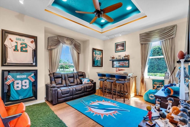 playroom featuring wood finished floors, a raised ceiling, and a wealth of natural light