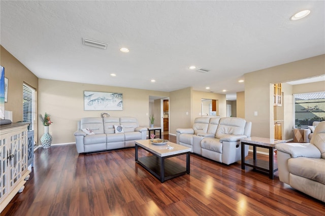 living room with dark hardwood / wood-style floors and a textured ceiling