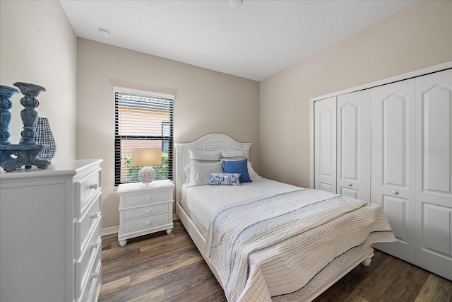 bedroom with a closet and dark hardwood / wood-style floors