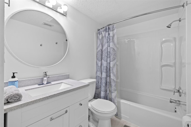 full bathroom with vanity, shower / bathtub combination with curtain, a textured ceiling, and toilet