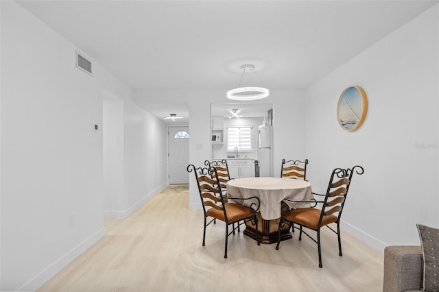 dining area with sink and light hardwood / wood-style flooring