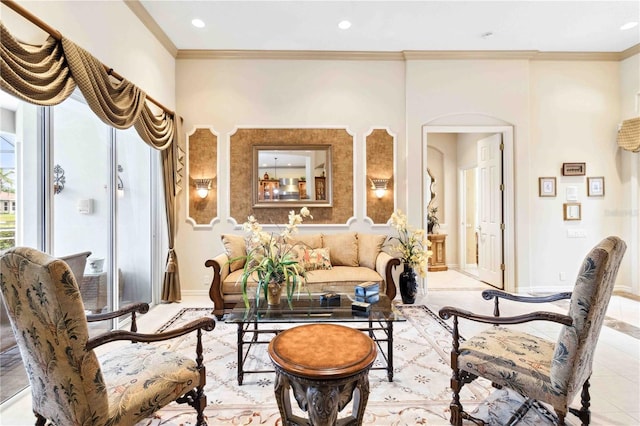 tiled living room with ornamental molding