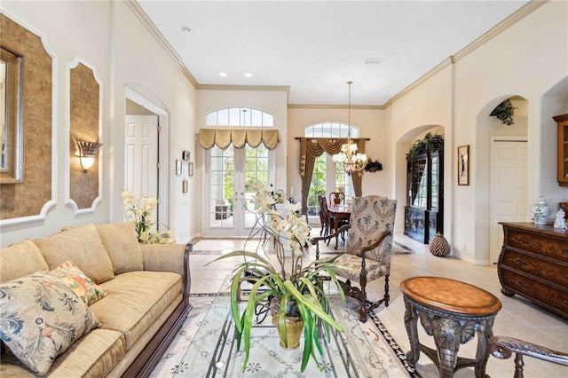 tiled living room with crown molding and a notable chandelier