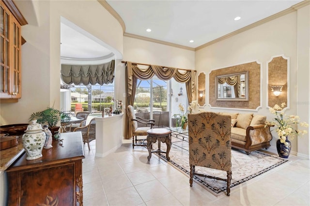 tiled living room with ornamental molding