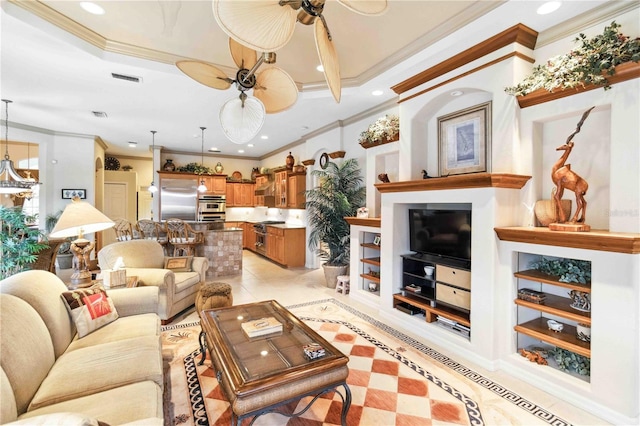 living room with crown molding, ceiling fan, and light tile patterned flooring