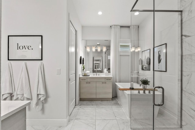 bathroom with independent shower and bath and vanity