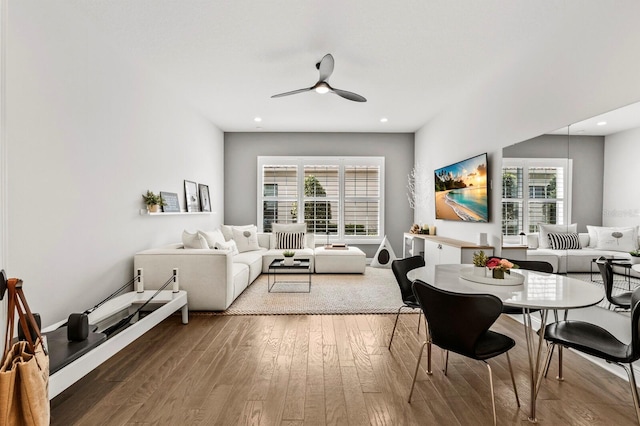 living room with hardwood / wood-style floors, a healthy amount of sunlight, and ceiling fan