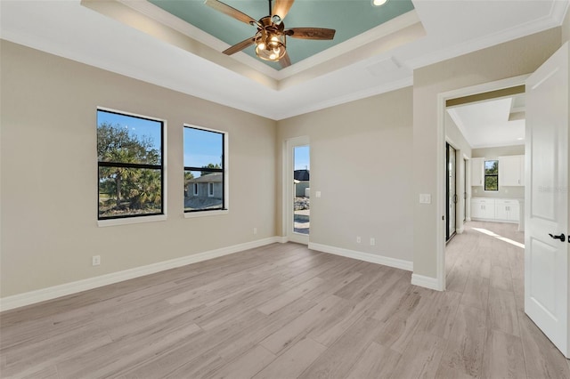 empty room featuring crown molding, a tray ceiling, and light hardwood / wood-style flooring