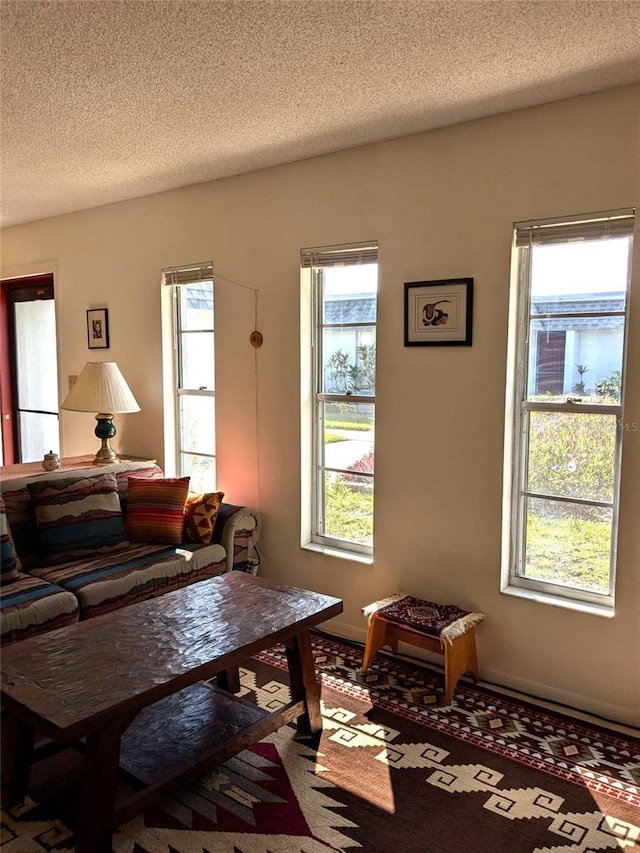 carpeted living room featuring a textured ceiling