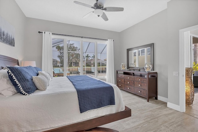 bedroom with ceiling fan and light wood-type flooring