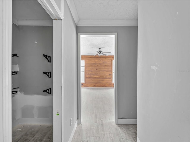 hallway with ornamental molding, light hardwood / wood-style flooring, a textured ceiling, and wood walls