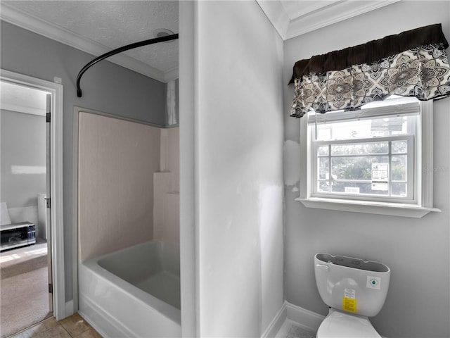 bathroom with crown molding, a textured ceiling, and shower / bathing tub combination