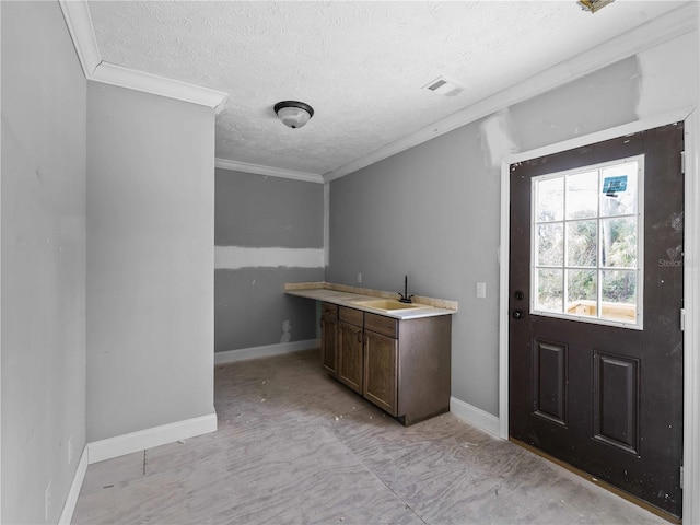 interior space with crown molding, sink, and a textured ceiling