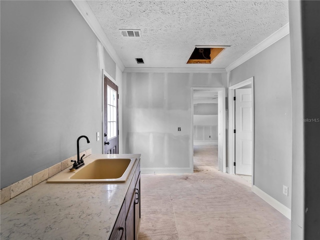 kitchen with crown molding, sink, and a textured ceiling