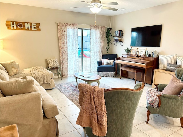 living room with light tile patterned floors and ceiling fan