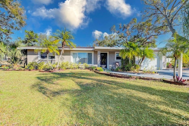 ranch-style house with a front lawn and stucco siding