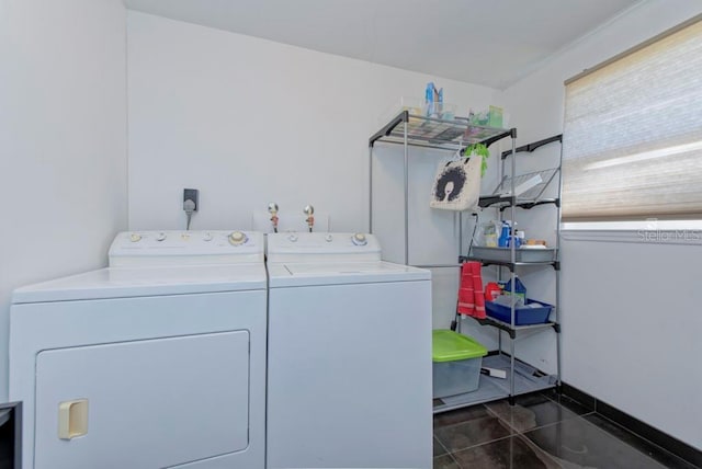 washroom with laundry area, dark tile patterned floors, and washing machine and clothes dryer